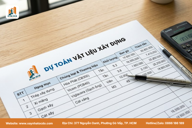 Một bảng dự toán VLXD chi tiết do Xây Nhà Tốc Độ lập, với các cột chủng loại, khối lượng, đơn giá rõ ràng.