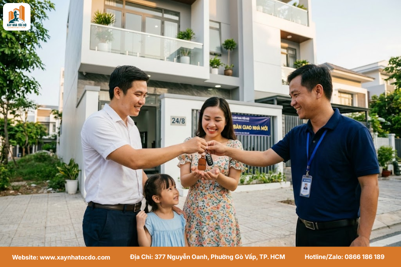 Gia đình hạnh phúc nhận bàn giao nhà đúng tiến độ nhờ mẫu hợp đồng xây dựng mới nhất từ Xây Nhà Tốc Độ.