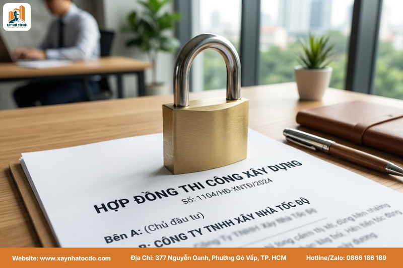 Một ổ khóa đặt trên mẫu hợp đồng xây dựng mới nhất, tượng trưng cho việc khóa chặt ngân sách.