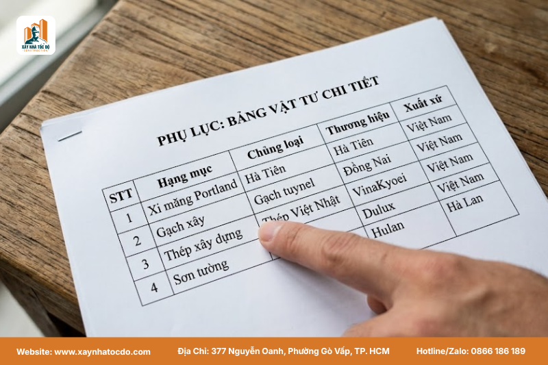 Bảng vật tư chi tiết trong hợp đồng xây dựng giúp chủ nhà kiểm soát chất lượng.