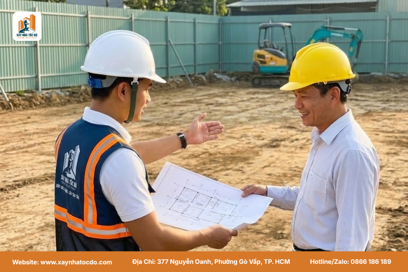 Kỹ sư Xây Nhà Tốc Độ và chủ đầu tư cùng nhau thống nhất kế hoạch, trả lời câu hỏi khởi công cần làm gì.