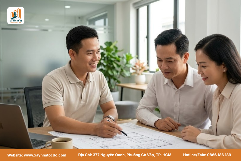 Đội ngũ kỹ sư tư vấn cho chủ nhà về các công tác khởi công cần làm gì để đảm bảo tiến độ.