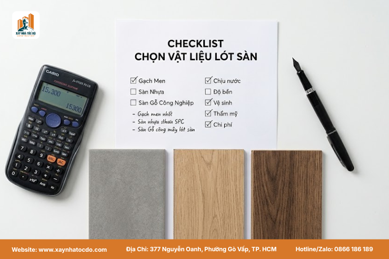Checklist chọn vật liệu lót sàn dựa trên ngân sách, đối tượng và tiến độ.