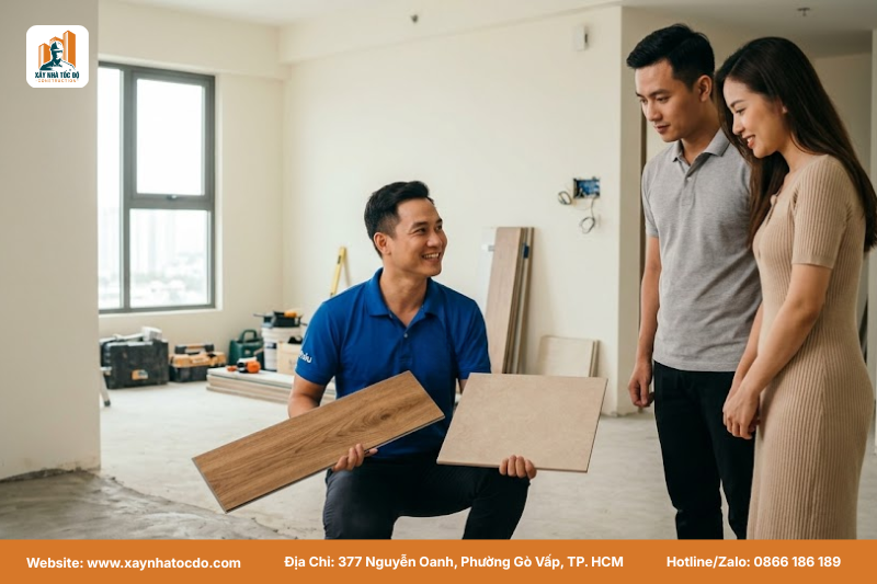 Kỹ sư Xây Nhà Tốc Độ tư vấn chọn vật liệu lót sàn cho chủ đầu tư.