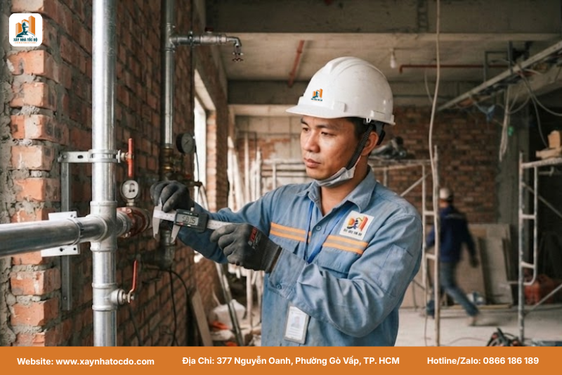 Kỹ sư kiểm tra hệ thống theo tiêu chuẩn đường ống chữa cháy PCCC bằng thép tráng kẽm.