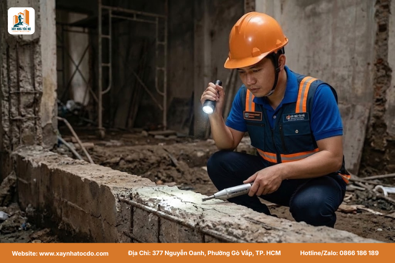 Kỹ sư kiểm tra móng cũ, bước quan trọng khi ứng dụng vật liệu nhẹ trong sửa chữa nhà phố.