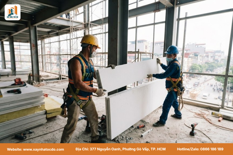 Công nhân đang lắp ghép tấm panel tường, minh họa cho việc ứng dụng vật liệu nhẹ trong sửa chữa nhà phố.