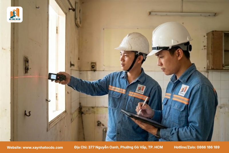 Đội ngũ kỹ sư Xây Nhà Tốc Độ đang khảo sát cho dịch vụ cải tạo mặt bằng kinh doanh.