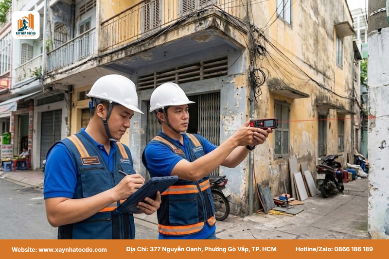 Đội ngũ Xây Nhà Tốc Độ đang khảo sát để cải tạo mặt tiền và khu vực sinh hoạt chung.