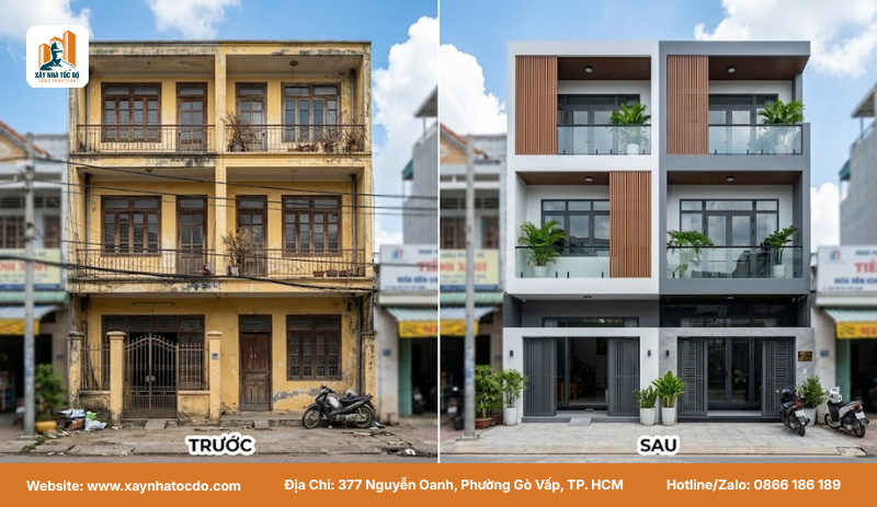 Hình ảnh trước và sau khi cải tạo mặt tiền và khu vực sinh hoạt chung của một nhà phố.