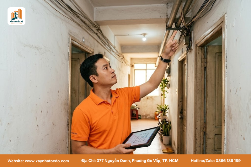 Kỹ sư Xây Nhà Tốc Độ khảo sát hiện trạng để lên Quy trình lắp đặt hệ thống PCCC tối ưu.