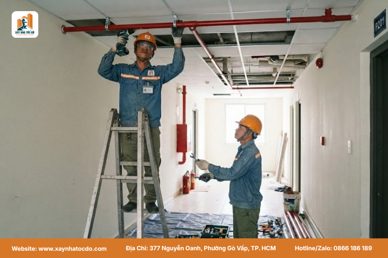 Thi công trongQuy trình lắp đặt hệ thống PCCC chuyên nghiệp, hạn chế ảnh hưởng kinh doanh.