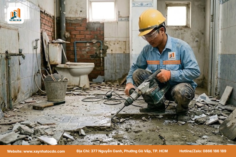 Công đoạn đục gạch và vệ sinh bề mặt để chuẩn bị xử lý thấm dột cục bộ khu vực vệ sinh.