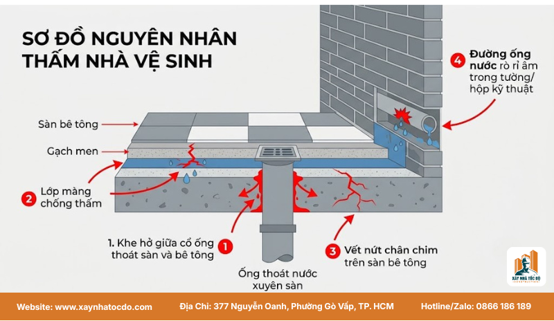  Sơ đồ mô tả các nguyên nhân chính gây thấm dột cục bộ khu vực vệ sinh.