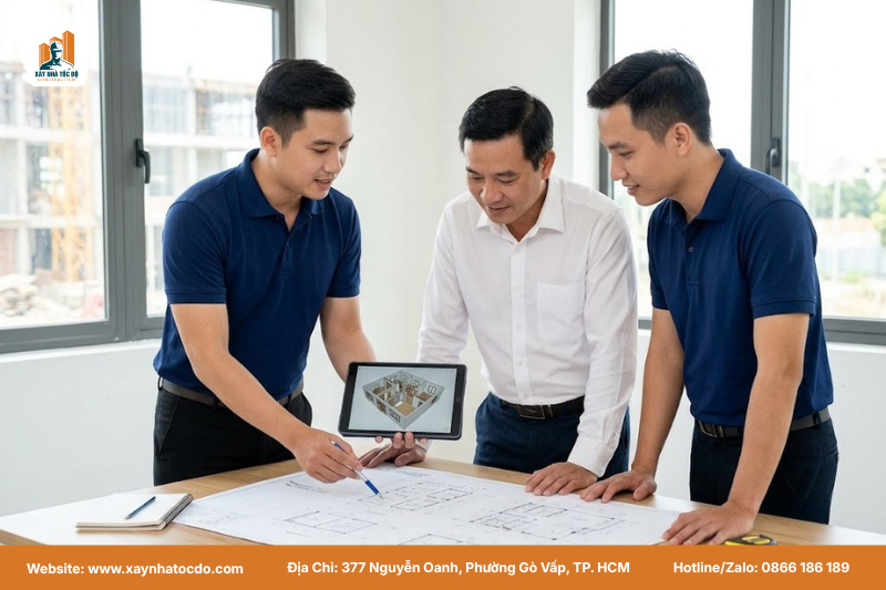 Đội ngũ kỹ sư Xây Nhà Tốc Độ tư vấn giải pháp hiện đại hóa vận hành CHDV trên bản vẽ thiết kế.