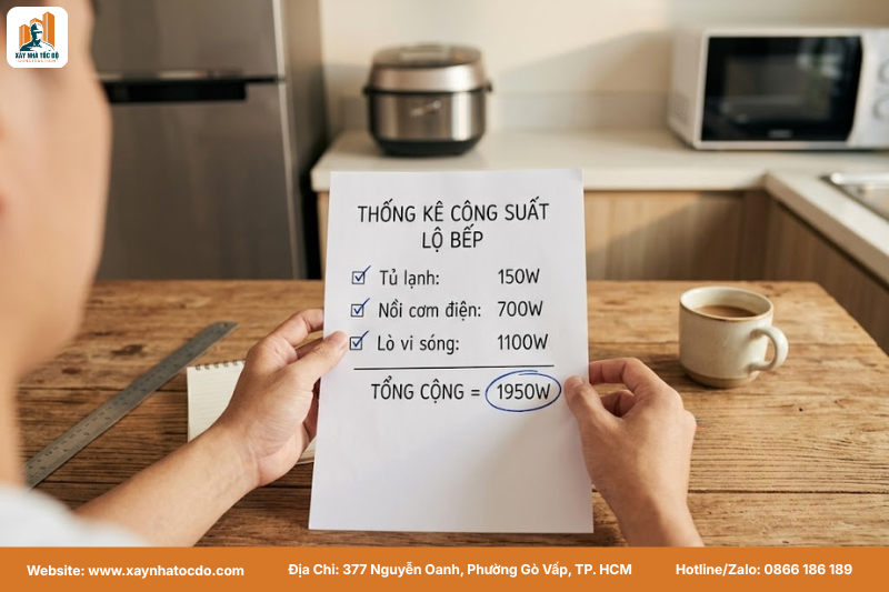 Minh họa bước 1 trong cách tính toán tiết diện dây dẫn: thống kê công suất thiết bị.
