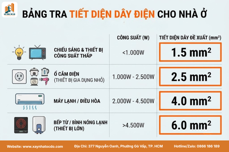 Bảng tra nhanh trong cách tính toán tiết diện dây dẫn cho nhà ở theo công suất.