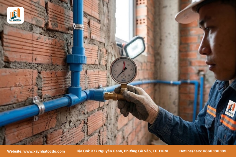 Kỹ sư đang kiểm tra đồng hồ áp suất trong quá trình thử áp lực nước, một bước quan trọng của nghiệm thu cơ điện ngầm.