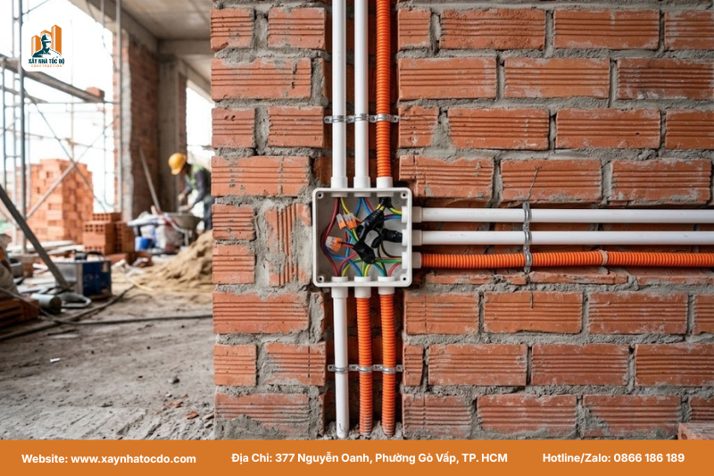 Hệ thống dây điện được đi trong ống luồn và hộp nối đúng kỹ thuật, một phần không thể thiếu của nghiệm thu cơ điện ngầm.