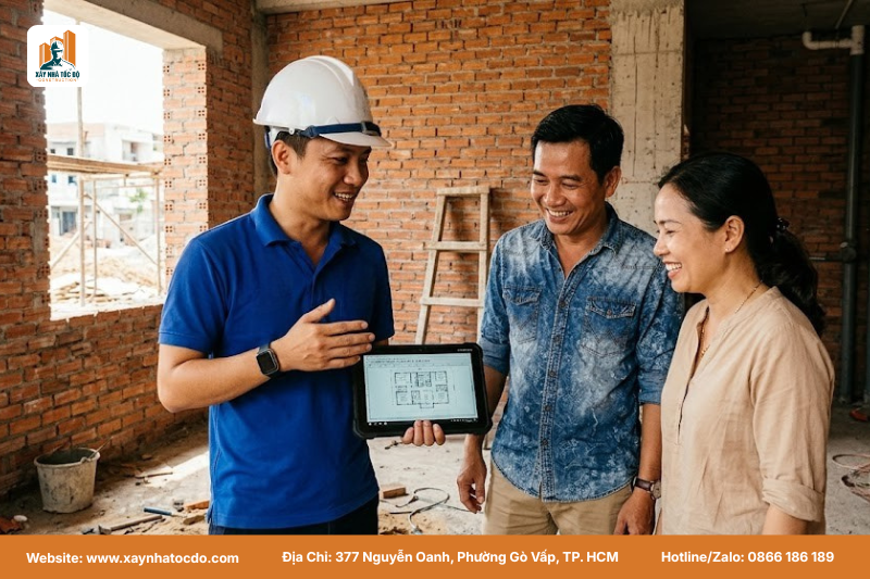 Kỹ sư Xây Nhà Tốc Độ và chủ nhà cùng xem checklist nghiệm thu cơ điện ngầm trên máy tính bảng tại công trình.