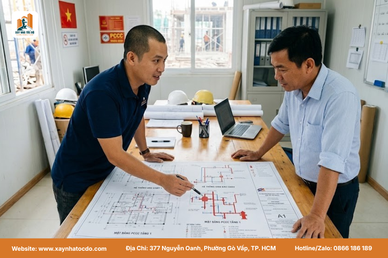 Chủ đầu tư và kỹ sư cùng xem bản vẽ, đối chiếu với tiêu chuẩn đường ống chữa cháy.