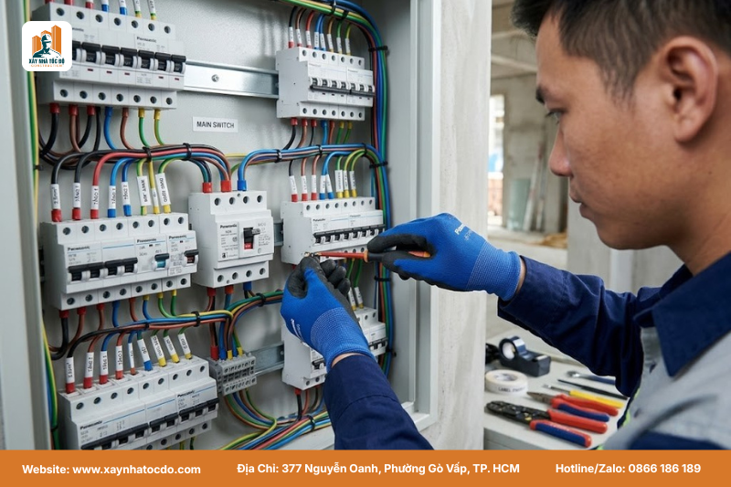 Kỹ sư đang thi công lắp đặt M&E với hệ thống tủ điện an toàn, đạt chuẩn.