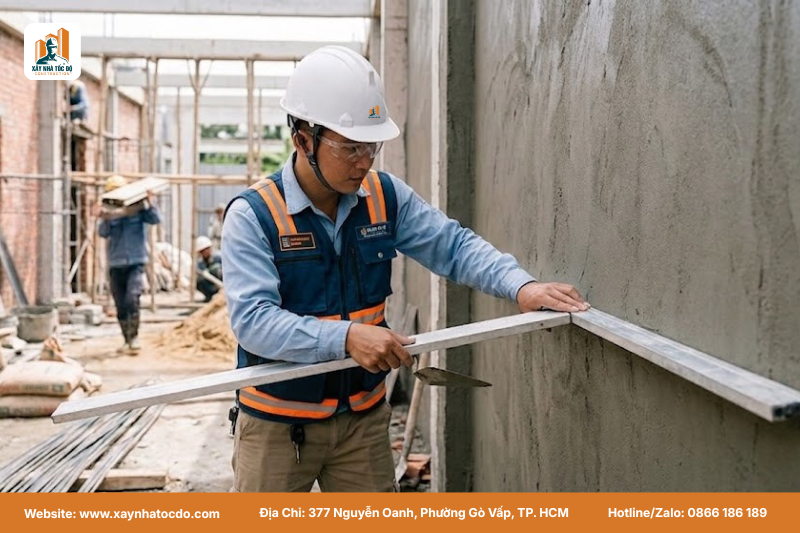 Kỹ sư sử dụng thước nhôm kiểm tra độ phẳng bề mặt tường, một bước quan trọng trong kỹ thuật ốp lát.
