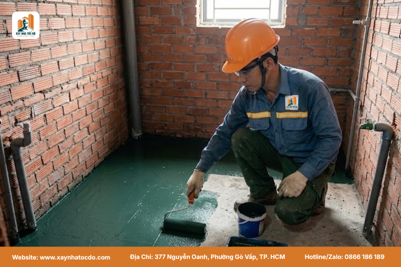 Cận cảnh đội ngũ kỹ sư đang thực hiện quy trình xử lý chống thấm sàn nhà vệ sinh chuyên nghiệp.