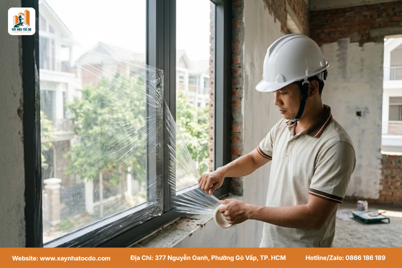 Đội ngũ kỹ sư đang thực hiện biện pháp bảo vệ bề mặt cho hệ thống cửa sổ bằng màng PE.