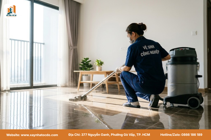 Nhân viên vệ sinh công nghiệp đang dùng máy hút bụi chuyên dụng, một phần trong các biện pháp bảo vệ bề mặt và hoàn thiện.