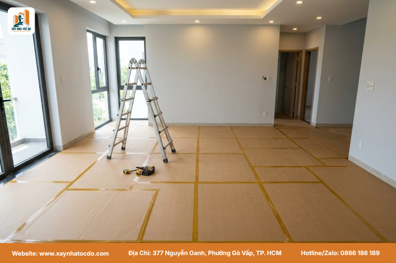 Sàn nhà được che chắn cẩn thận bằng biện pháp bảo vệ bề mặt chuyên nghiệp, ngăn ngừa trầy xước.