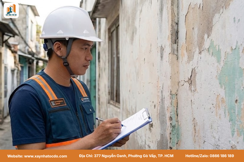 Kỹ sư Xây Nhà Tốc Độ kiểm tra tường nhà lân cận trước khi thi công đập phá trong hẻm.