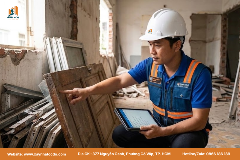 Kỹ sư Xây Nhà Tốc Độ đánh giá vật tư cũ để tối ưu ngân sách cải tạo.
