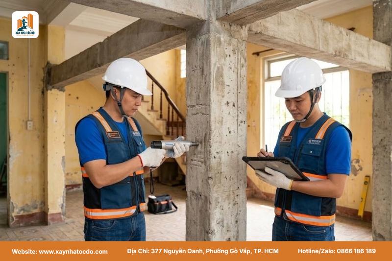 Đội ngũ kỹ sư Xây Nhà Tốc Độ kiểm định chất lượng dầm, cột để đưa ra tư vấn chính xác nhất.