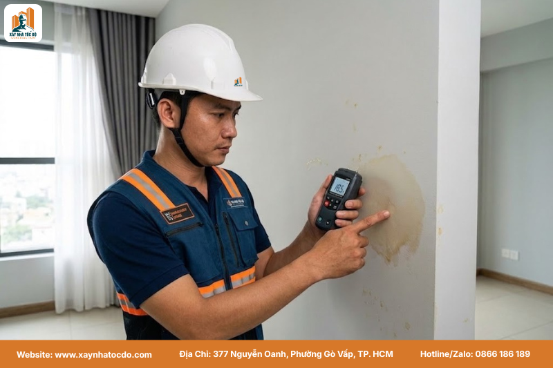 Kỹ sư Xây Nhà Tốc Độ kiểm tra tường trong quy trình khắc phục sau bàn giao.