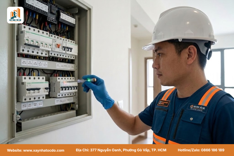 Kỹ sư kiểm tra hệ thống điện nước trong quy trình bảo trì tòa nhà cho thuê.