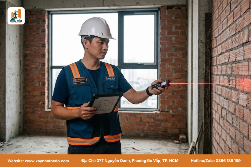 Kỹ sư Xây Nhà Tốc Độ đang đo đạc hiện trạng, bước đầu tiên trong quy trình thi công nội thất chuyên nghiệp.