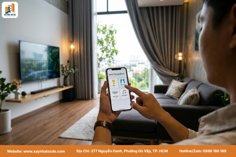 Gia chủ sử dụng điện thoại điều khiển các thiết bị trong nhà, một ưu điểm của giải pháp smarthome trong xây dựng.