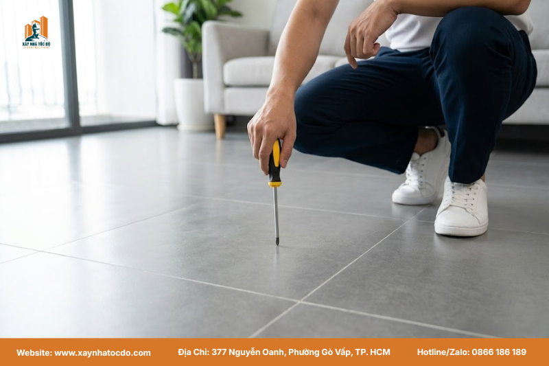 Kiểm tra độ rỗng của sàn gạch trong quá trình nghiệm thu chất lượng hoàn thiện nội thất.