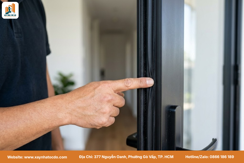 Kiểm tra độ kín khít của cửa nhôm kính, một phần quan trọng trong checklist nghiệm thu thẩm mỹ hoàn thiện.