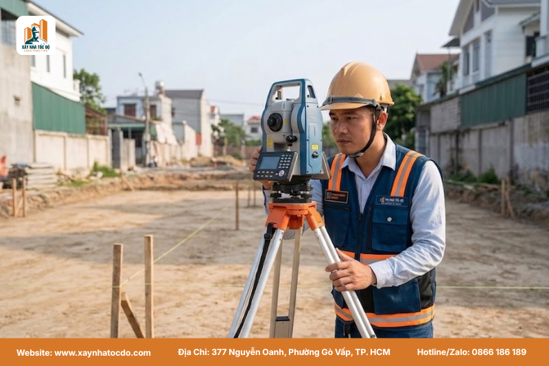 Kỹ sư sử dụng máy trắc đạc để định vị tim trục, bước đầu tiên trong quy trình thi công thô chuyên nghiệp.