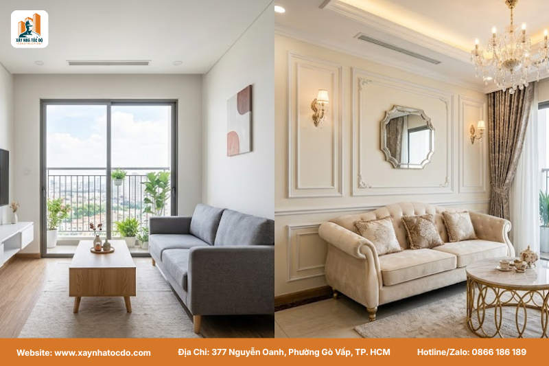 So sánh phong cách thiết kế ảnh hưởng đến chi phí thi công lắp đặt nội thất.