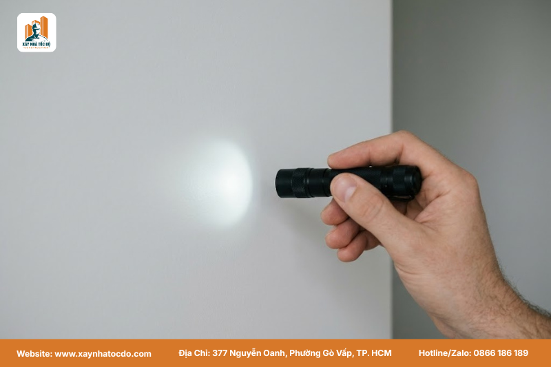 Dùng đèn pin kiểm tra độ phẳng tường, một bước trong nghiệm thu chất lượng hoàn thiện nội thất.