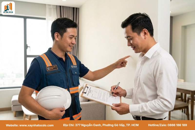 Chủ nhà và kỹ sư nghiệm thu hạng mục sửa chữa trong quy trình khắc phục sau bàn giao.
