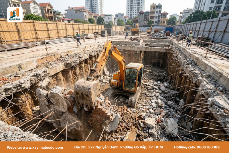 Xử lý phần ngầm và móng cũ để chuẩn bị mặt bằng thi công sạch sẽ.