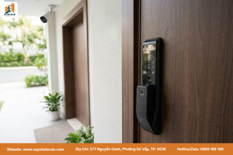 Hệ thống camera an ninh và khóa cửa thông minh, một phần quan trọng của giải pháp smarthome trong xây dựng.
