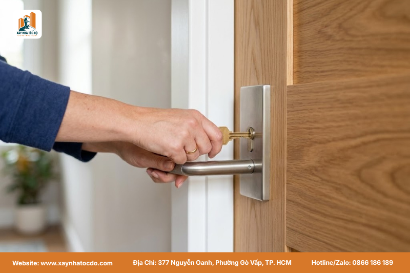Thử khóa cửa để đảm bảo hoạt động trơn tru khi nghiệm thu chất lượng hoàn thiện nội thất.