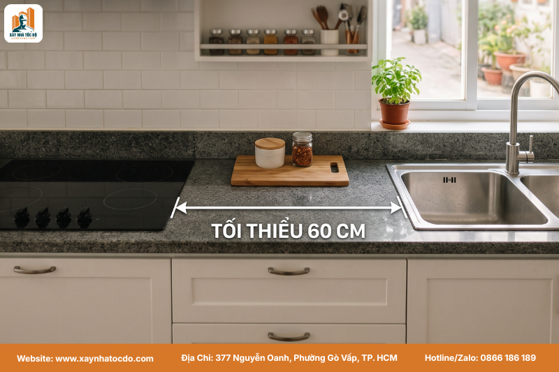 Thiết kế phong thủy nhà bếp hiện đại, đảm bảo khoảng cách an toàn tối thiểu 60cm giữa bếp nấu và chậu rửa.
