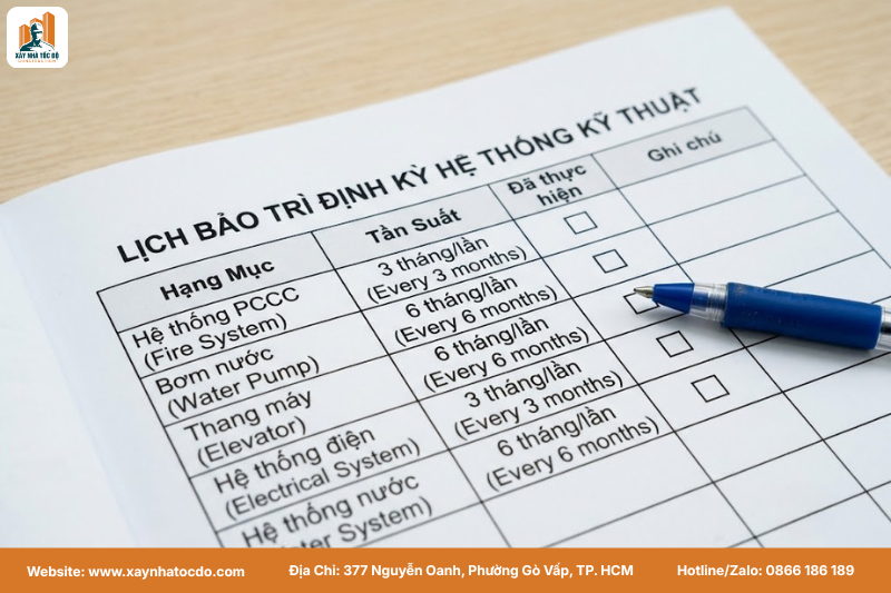 Trang lịch bảo trì chi tiết trong cẩm nang vận hành sau bàn giao cho hệ thống M&E.