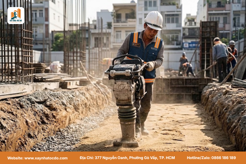 Công tác lu lèn, san lấp trong quá trình chuẩn bị mặt bằng thi công đúng tiêu chuẩn.